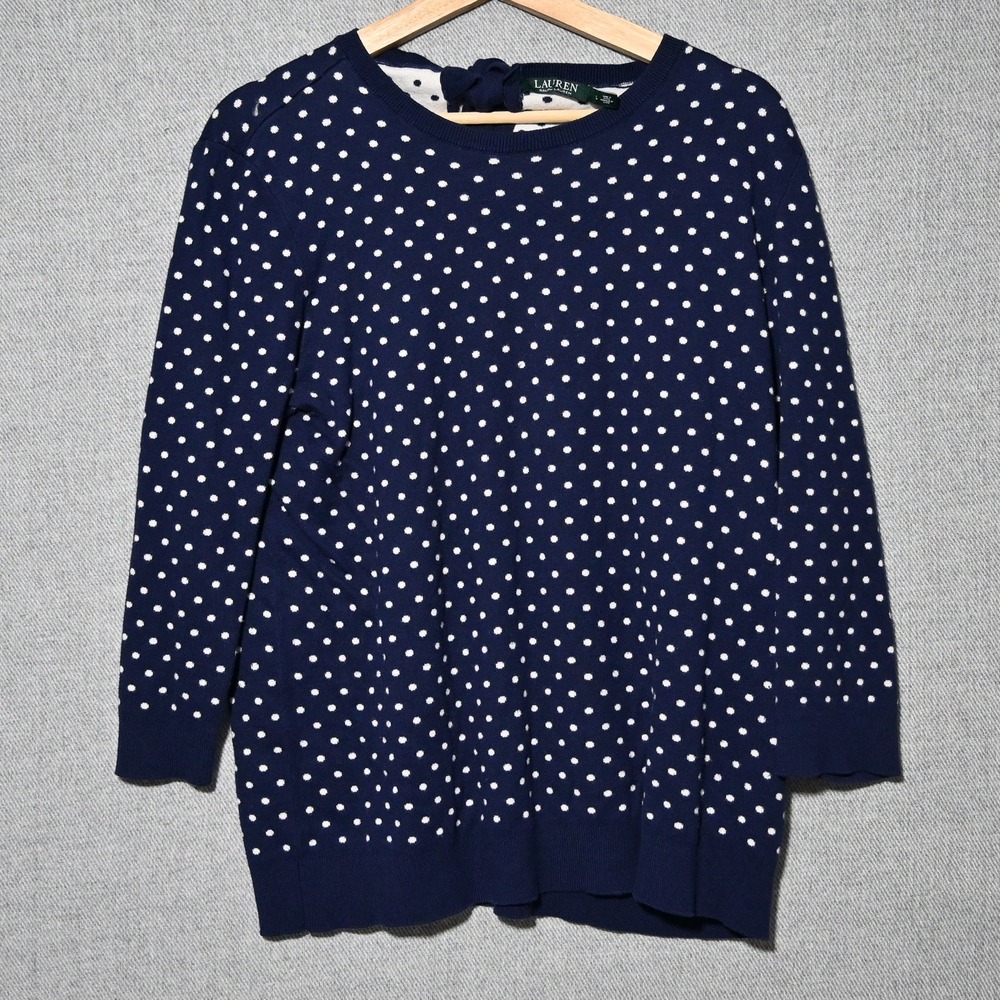 Lauren Ralph Lauren Sweater Womens Polka Dot Tie Back Large Navy Blue
